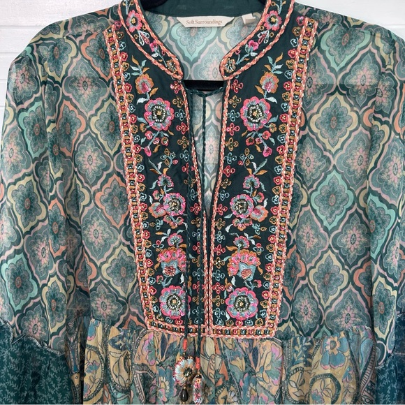 Soft Surroundings Boho Empire Waist Tassel Blouse Green Beaded Pink Flowey Med - Picture 4 of 9
